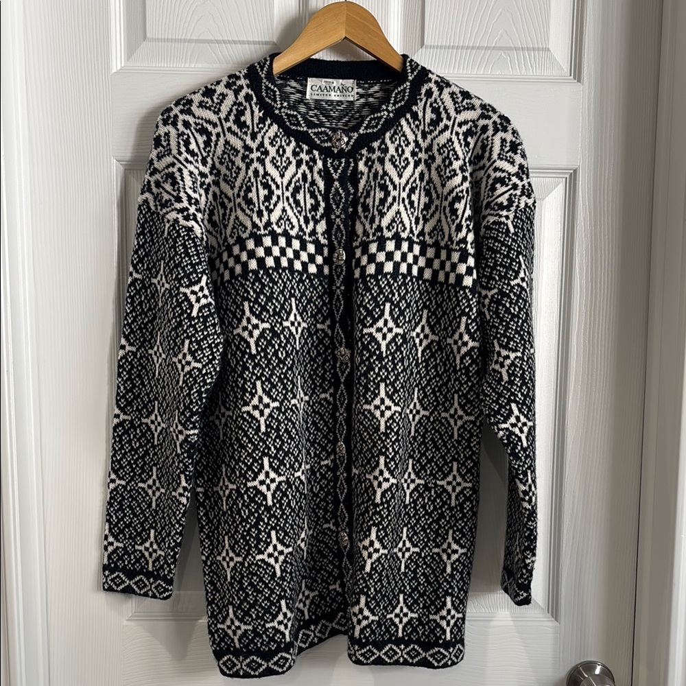 Caamano Handcrafted Peruvian Alpaca Cardigan Size M Fairisle Nordic Black White